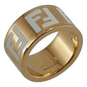 Fendi FF Forever Gold Tone Metal Ring White Enamel Logo